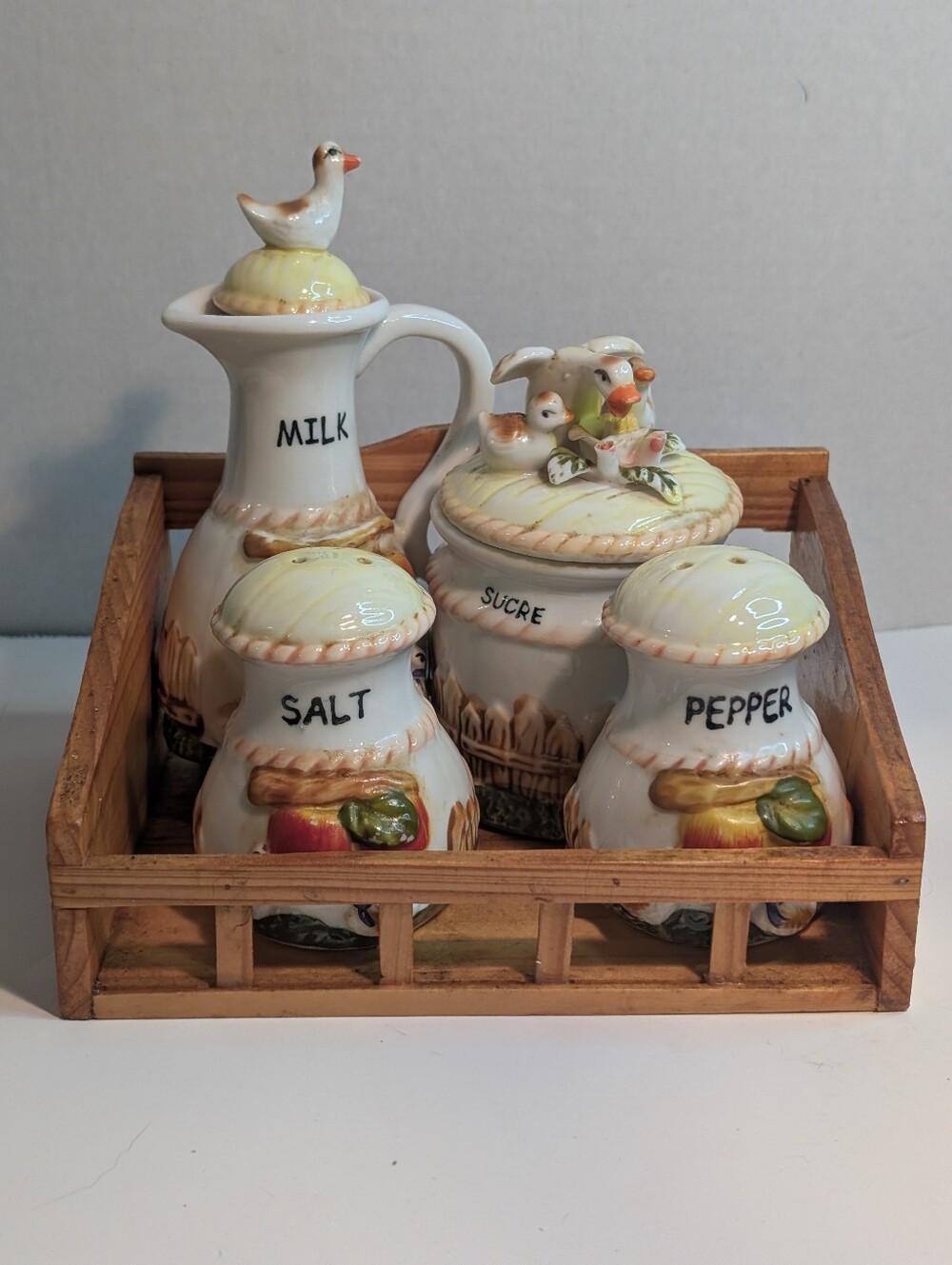 Vintage French And English Duck And Apple Sugar w/lid, Milk Salt And Pepper.